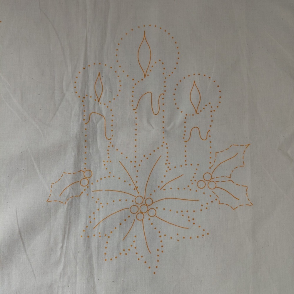 Vtg Christmas Stencil Embroidery Fabric Candles Christmas Tree Sleigh & Bells